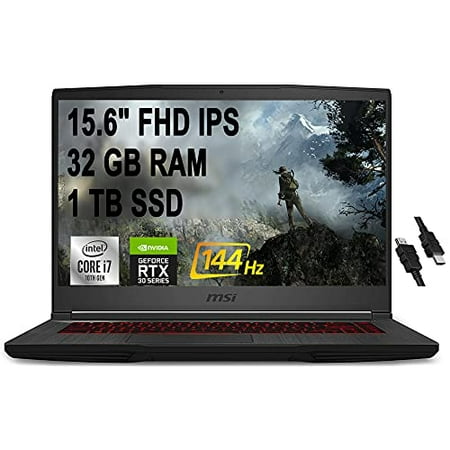 MSI GF65 Thin Gaming Laptop 15.6" FHD IPS 144Hz Display 10th Gen Intel Hexa-Core i7-10750H 32GB RAM 1TB SSD GeForce RTX 3060 6GB Backlit USB-C Win10 Black + HDMI Cable