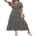 thumbnail image 1 of Femmes Bouton vers le Bas Midi Robe Manches Courtes Robe de Soleil Imprimé Floral Cravate Bohème une Pièce Vin Rouge M, 1 of 4