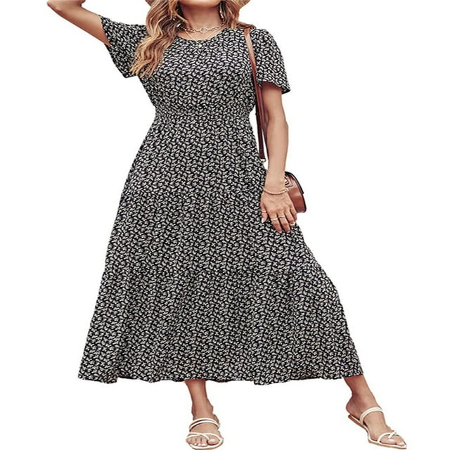 Femmes Bouton vers le Bas Midi Robe Manches Courtes Robe de Soleil Imprimé Floral Cravate Bohème une Pièce Vin Rouge M