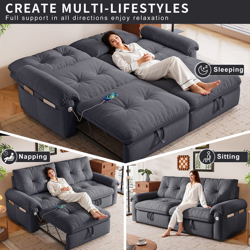 77.2" Convertible Sofa Bed, 2-in-1 Full Size Sleeper Sofa, Plush Upholstered Loveseat with USB Charging Ports & Side Pockets, Steel Frame Pull-Out Couch for Living Room, Bedroom, Apartment