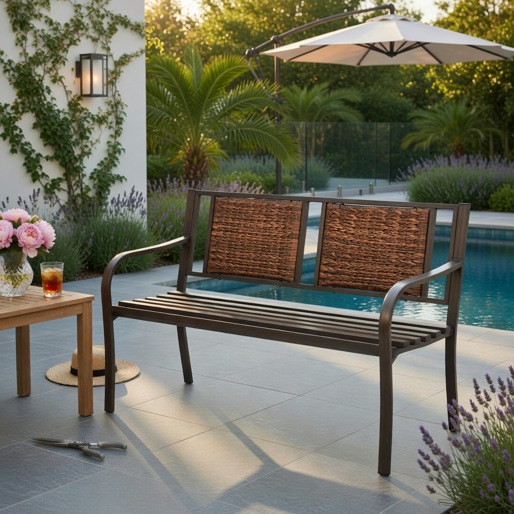 Hommoo Outdoor Patio Bench, Heavy-Duty Powder-Coated Steel Frame with All-Weather PE Rattan, Garden, Backyard & Balcony Seating, Bronze