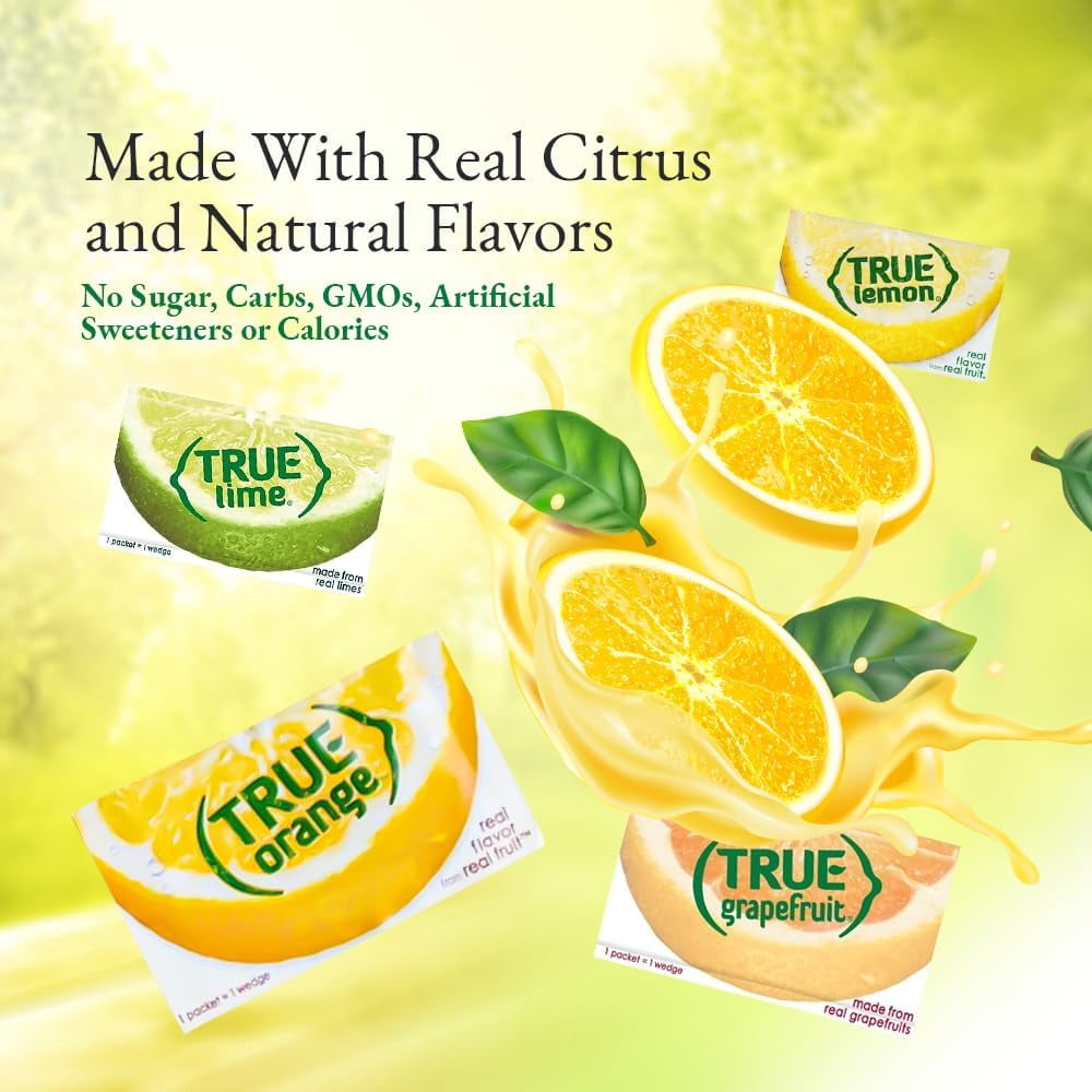 (100 Pack, 25 Each) True Lemon, True Lime, True Orange, True Grapefruit, Packaged by BOLT BOX - On-The-Go Powdered Drink Mix Water Enhancer Variety Pack, Zero Calorie Unsweetened Water Flavoring