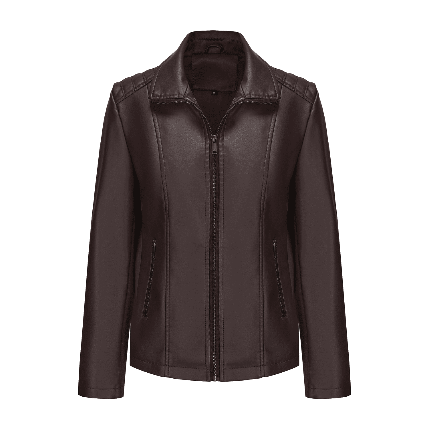 Panan Women's Faux Leather Jacket with Collar Long - Sleeve, Full - Zip Front & Side Zipper Pocket