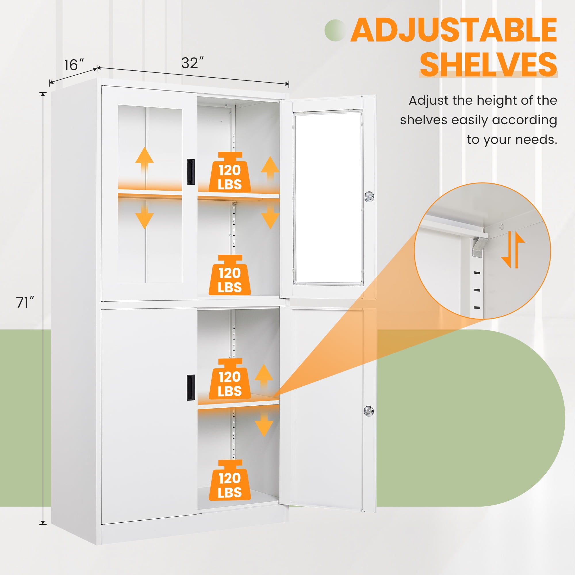STANI Heavy Duty Metal Cabinet with Lock, Tall Office Storage Cabinet with Glass Door, Lockable White Steel Cabinet with 2 Adjustable Shelves for Home, Clinic, Pantry, Basement