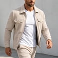 thumbnail image 3 of FRSASU Men's Waffle Knit Zip‑Up Jacket Lapel Collar Casual Coat with Gold‑Tone Button Chest Pockets Beige, 3 of 7