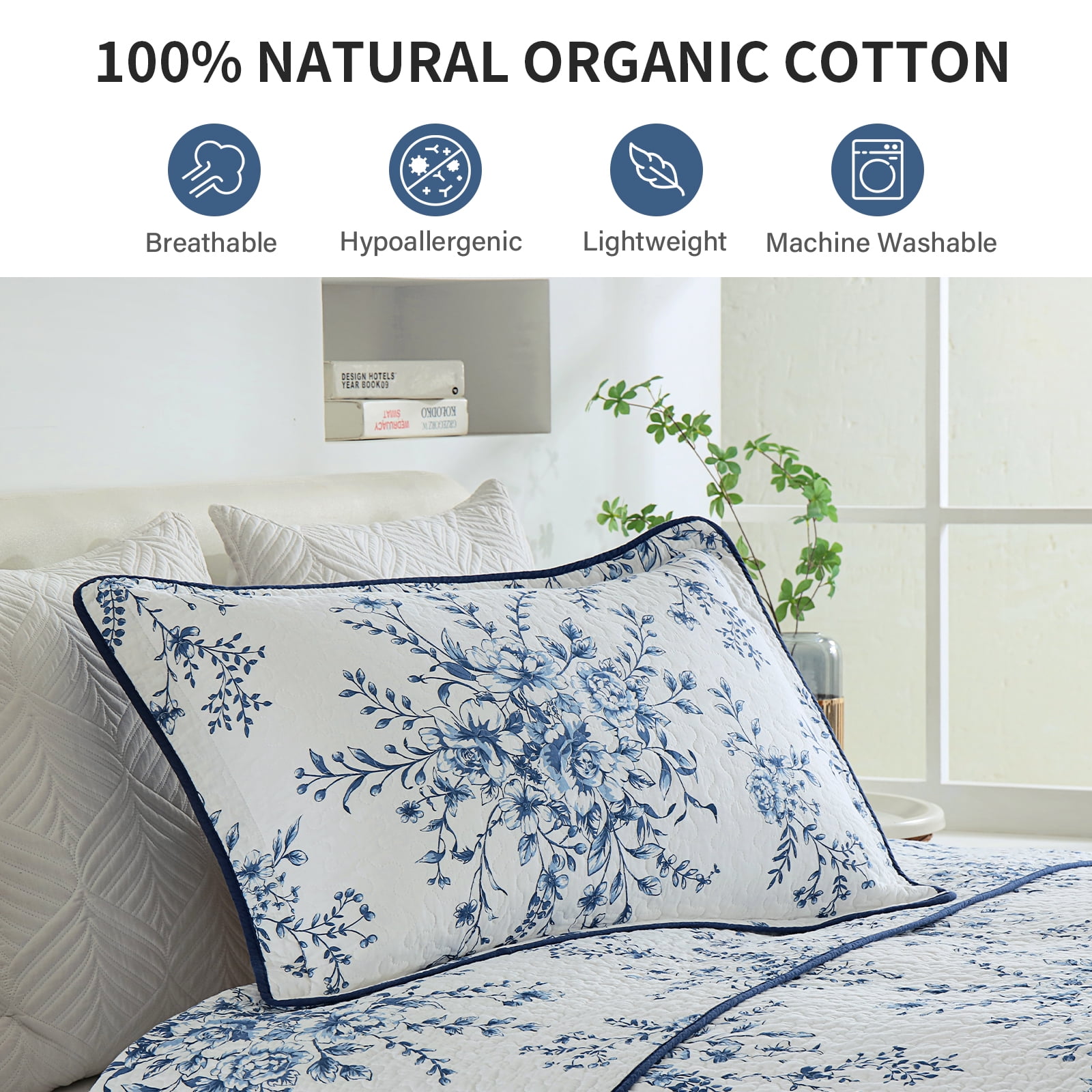 DDUOXIN Blue White Floral Quilt Bedspread, 100% Cotton Queen Size Quilt Set, Lightweight Reversible Bedspreads for Queen Bed, Flower Vintage Botanical Quilts, Coverlet 3-Piece Bedding Set, All-Season