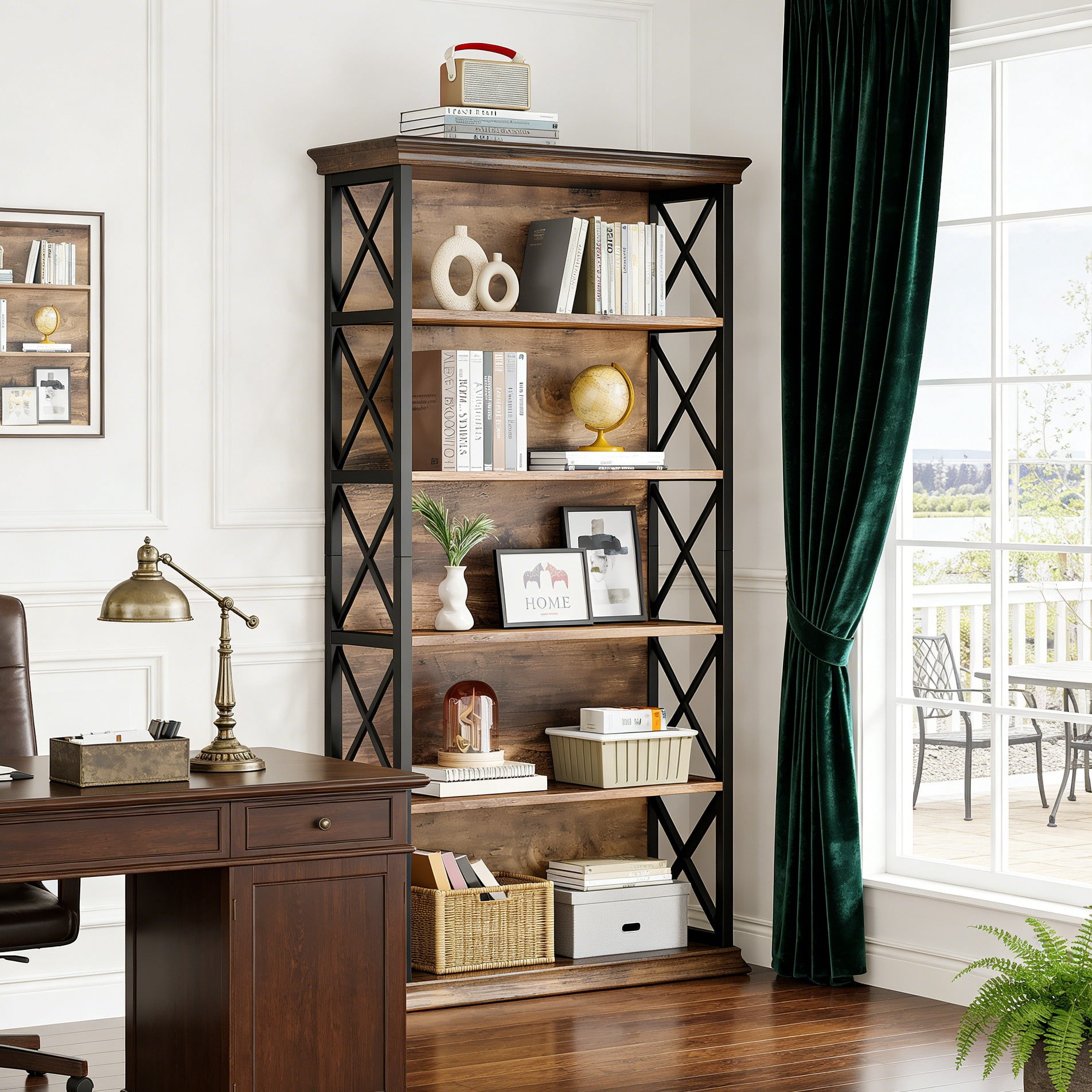Fnova 71" 5-Tier Tall Bookshelf, Industrial Wood Bookcase with Metal Frame, Floor Standing Display Storage Shelves for Home Office, Living Room, Bedroom