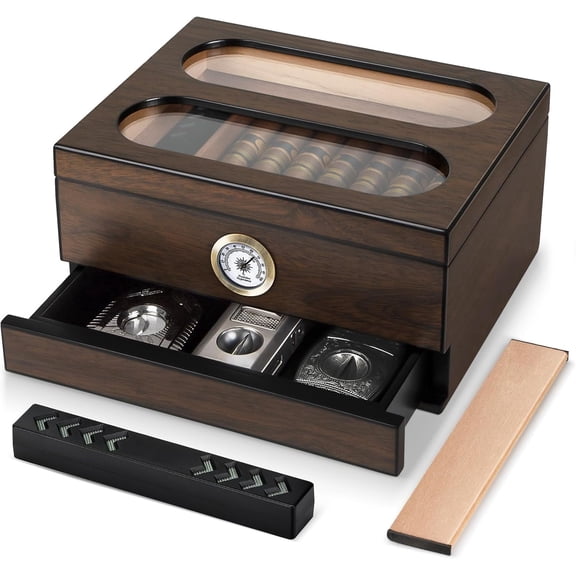 Tivkeber Cigar Humidor w/ Front Hygrometer, Humidifier & Accessory Drawers - Tempered Glass Top, Spanish Cedar Wood, Desktop Box for 20-35 Cigars