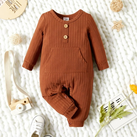 PatPat Baby Girls Bodysuits Outfits, Infant Clothes Baby Boy/Girl Solid Ribbed Long-sleeve Jumpsuit with Pocket