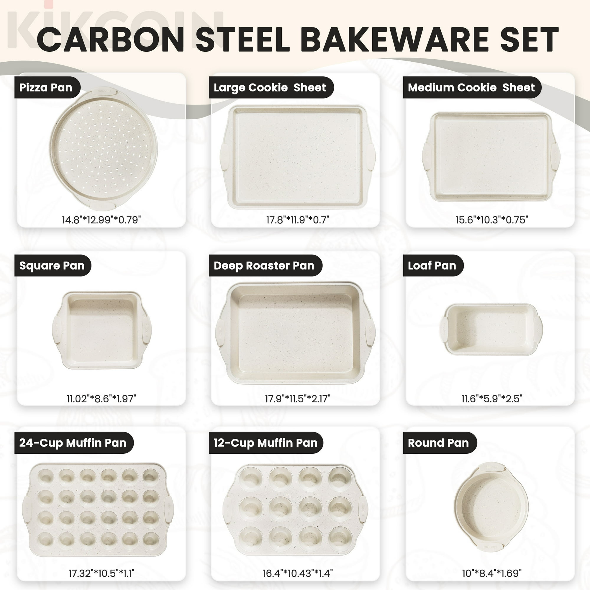 Kikcoin Bakeware Set, 21-Piece Baking Pans Set Kitchen Carbon Steel Baking Sheet Pans with Silicone Handles, Cookie Sheets Nonstick(Beige)