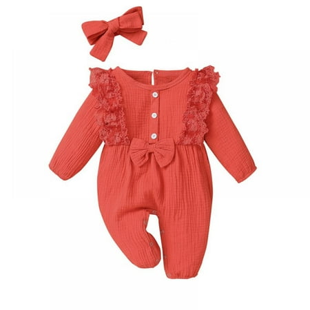 

Baby Girl Ruffle Bow Long-sleeve One-piece Romper Cotton Bodysuit Headband Outfits