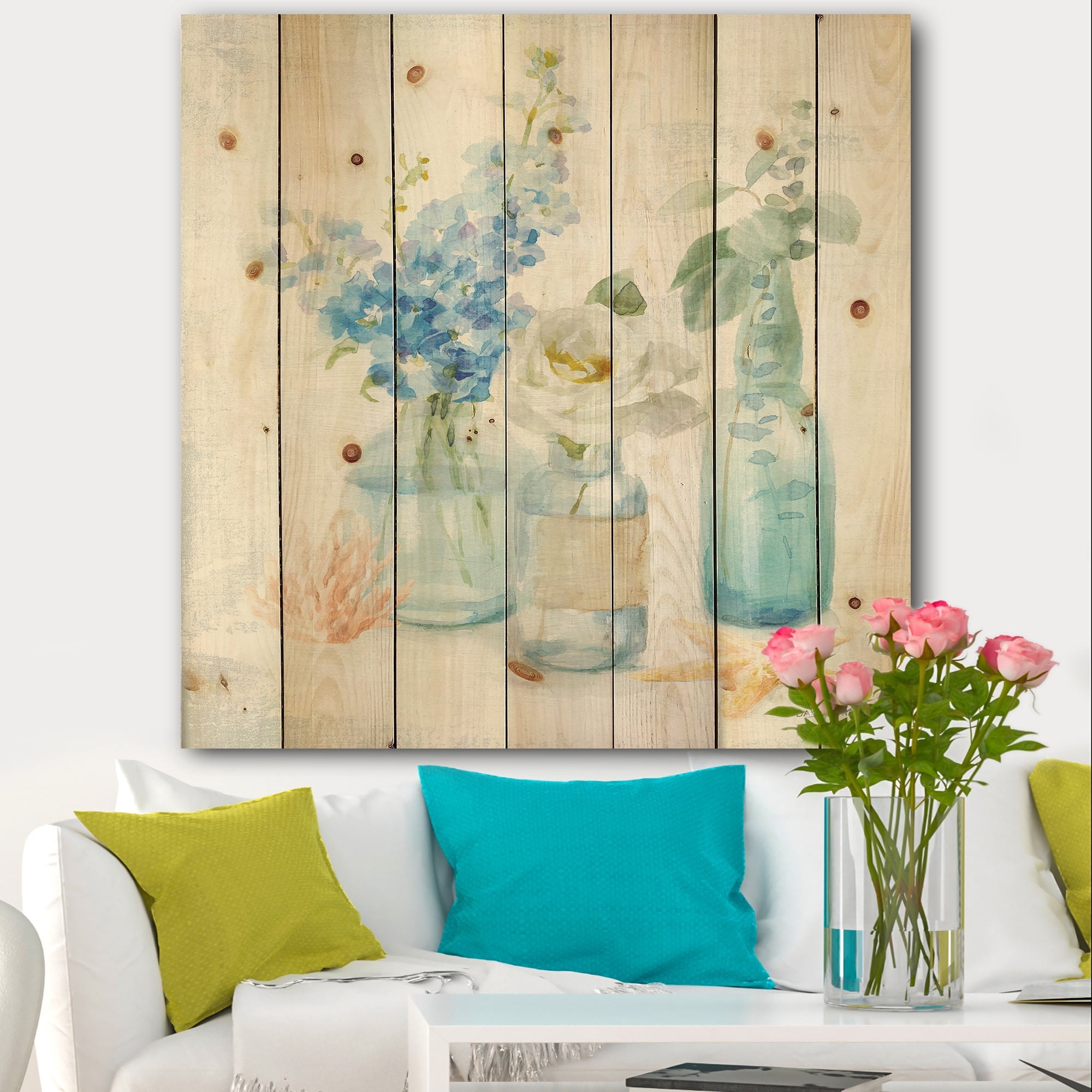 Designart 'Cottage Flowers In Glass Bottles' Farmhouse Print on Natural Pine Wood