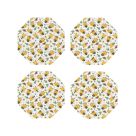 

Leather Coasters of 4 Bee and Flowers Drink Coasters Foe Tabletop Protection Funny Desk Coasters Good Housewarming Gifts Octagon