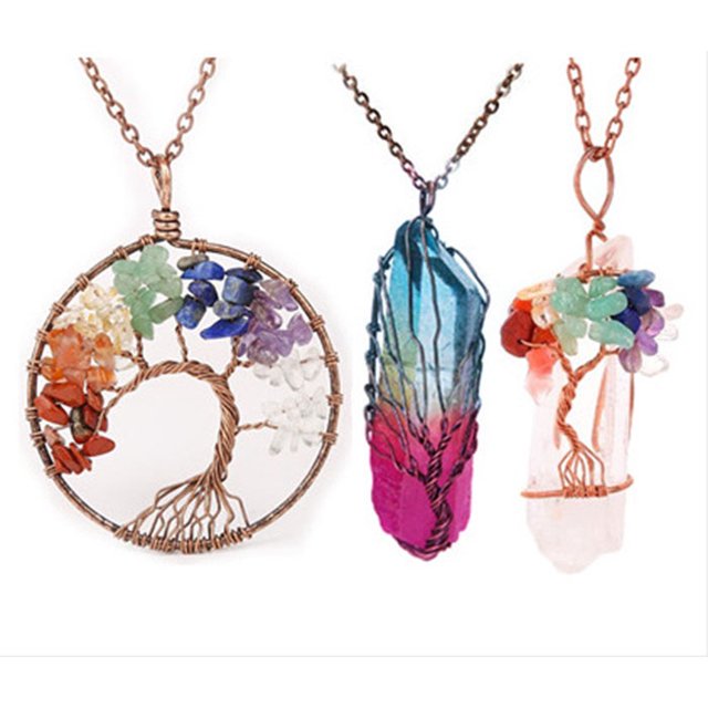 piezas árbol vida colgante árbol vida cuarzo cristal colgante collar Chakra piedra preciosa cobre alambre envoltura collar oso de fresa Juguete