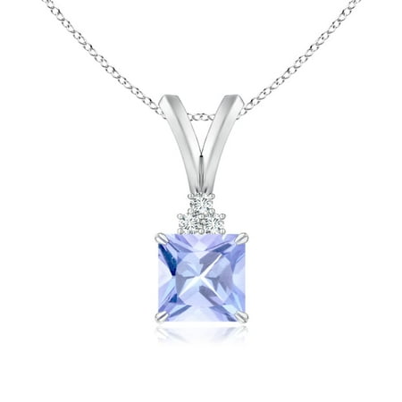 - Valentine Jewelry Gift - V-Bale Square Tanzanite Solitaire Pendant with Diamond in 14K White Gold (5mm Tanzanite) - SP0153T-WG-A-5