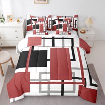 Manfei Modern Fashion Artwork Bedding Comforter Set 7pcs, Abstract Ombre Queen Bedding Sets, Square Geometric Reversible Queen Sheet Sets, Microfiber Bedroom Decor