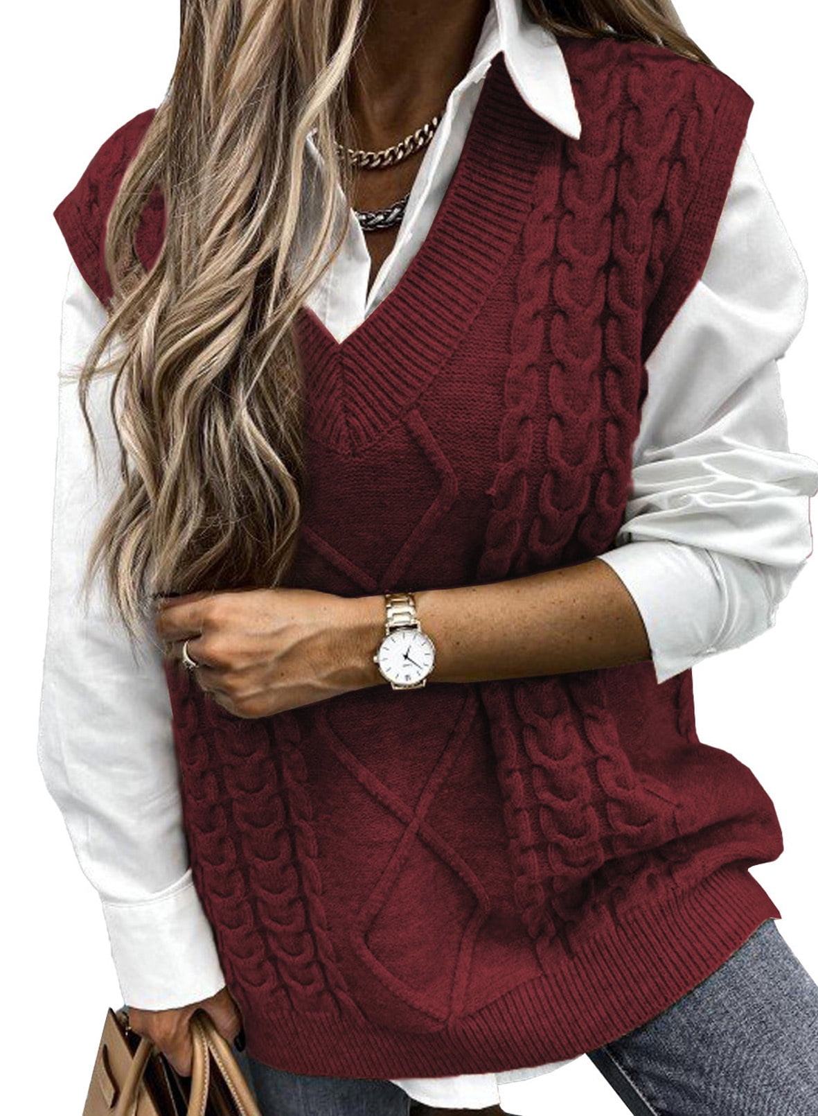 Qitun Women Sleeveless Sweater Vest V Neck Knitted Pocket Pullovers 