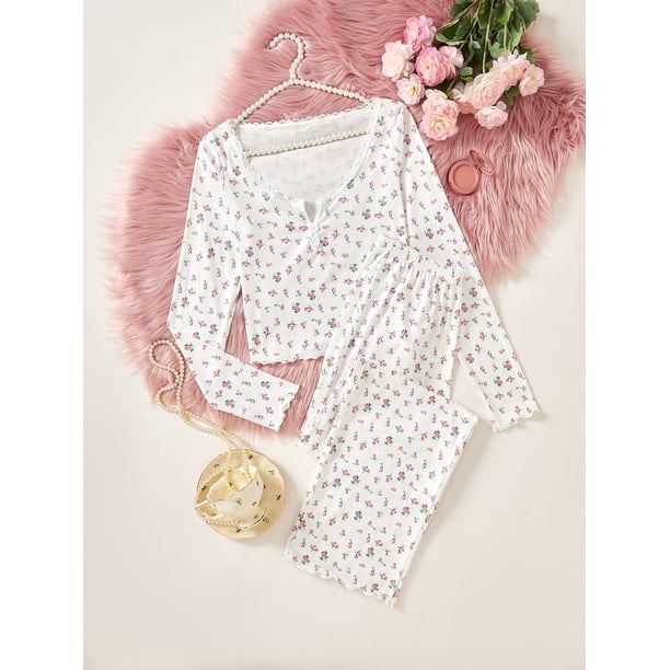 Women's Sleepwear Ditsy Floral Print Lettuce Trim PaJamas Set Elastic Waistband Loungewear Full Sleeve Nightwear