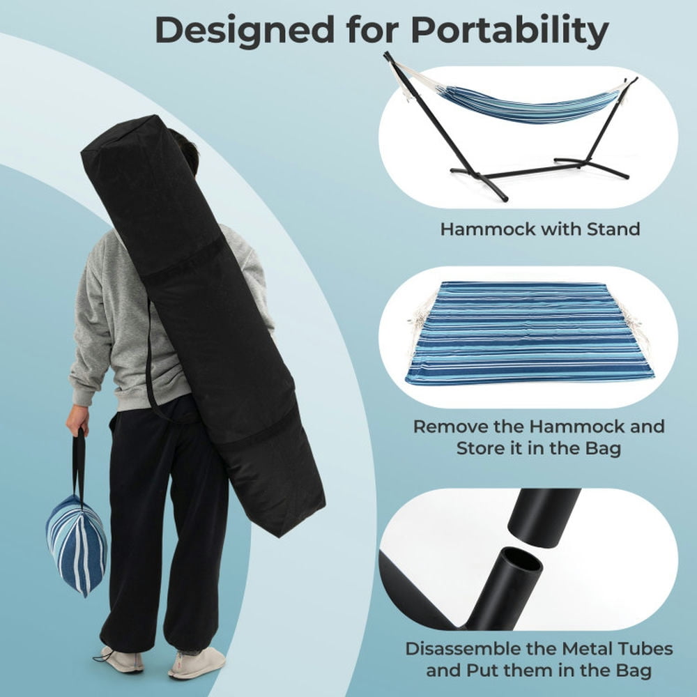 Spaco Portable 2-Person Double Hammock Set with 6-Level Adjustable Height, Hammock Set with Stand and Carrying Cases for Indoor and Outdoor, Blue
