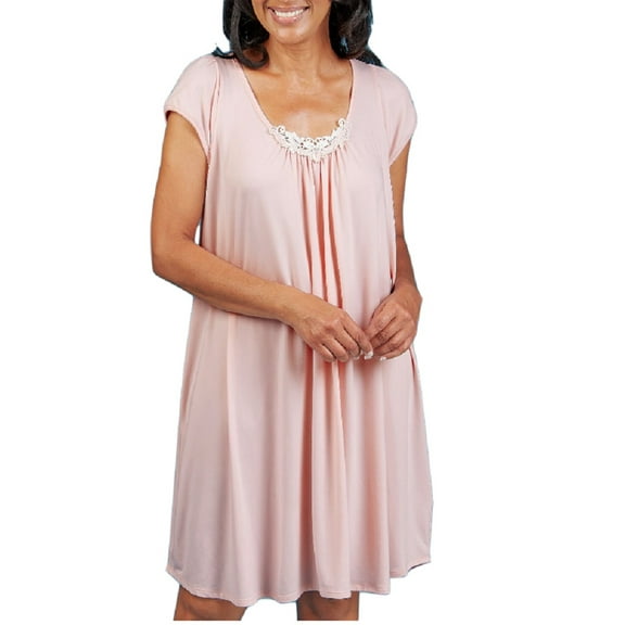 Dignity Pajamas Womens Open Back Nightgown-Cap Sleeve-Lace Trim-Bedridden Patient-Pink-M
