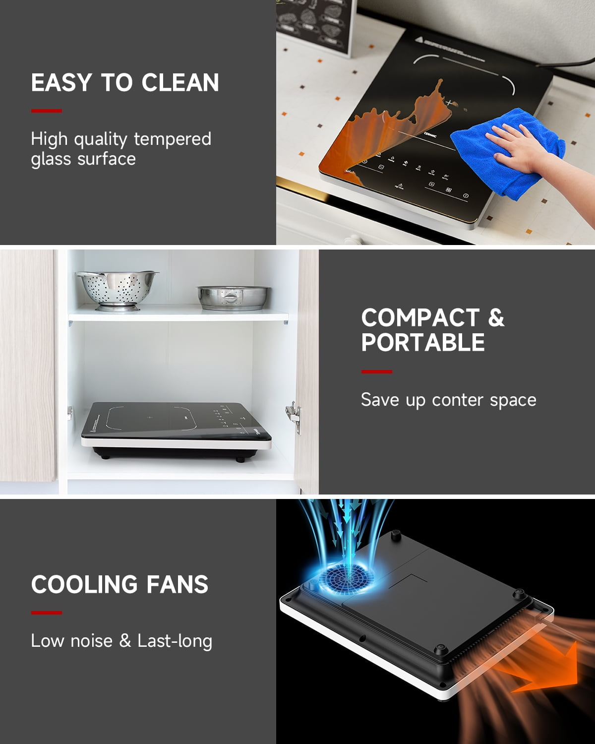 TOPWISH Portable Electric Cooktop, 1300W Single-Burner Ceramic Hot Plate, 110–120V Countertop Stove with 6 Preset Functions, 10 Power Levels, LED Touch Control, Timer, Child Lock & Residual Heat Indi