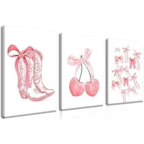 Fashion Pink Bows Wall Art, Preppy Watercolor Cherry Cowboy Boots Wall Decor Posters, Cute Aesthetic Room Decor Canvas Prints Picture for College Girl Apartment Bedroom（Only canvas）