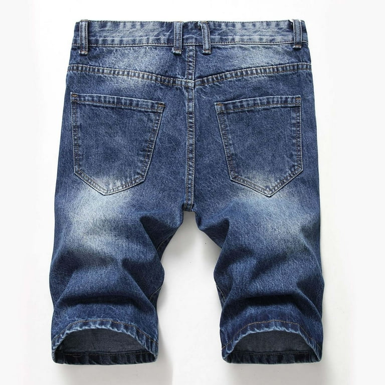 Mens Denim Shorts Knee Length Ripped Jean Shorts Cotton Slim Fit Distressed Jeans Trousers with Holes Sports Outdoor Work Short Pants Pockets Casual Smart Shorts Mens Summer Clothes Plus Size 20