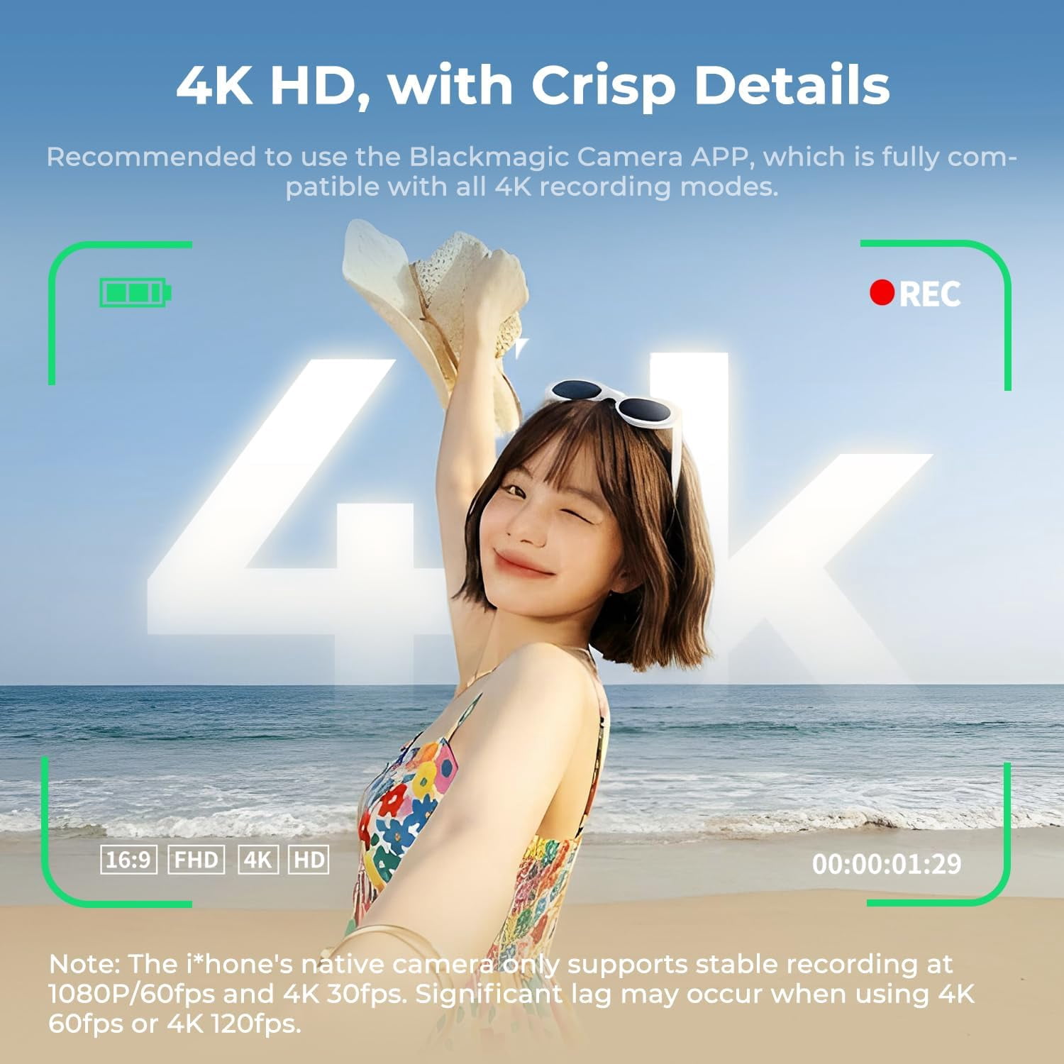 K&F CONCEPT 4K/1080p Vlog Selfie Monitor Screen Wireless Magnetic Back Camera  for iPhone Android Phone, Selfie Monitor with 164ft Range, P2P Wireless, Black