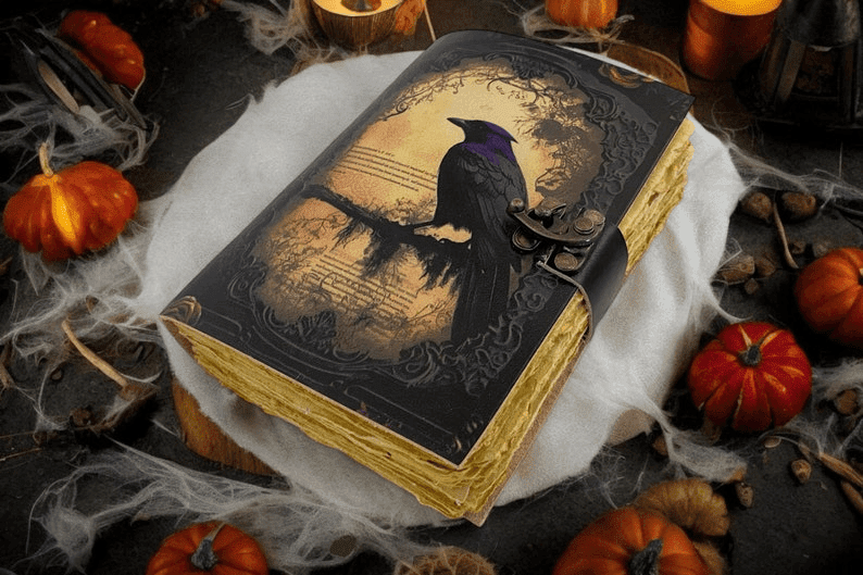 Blank Spell Book of Shadows with 200 Handmade Deckle Edge Paper Vintage Leather journal The Raven Grimoire Print gifts for him her