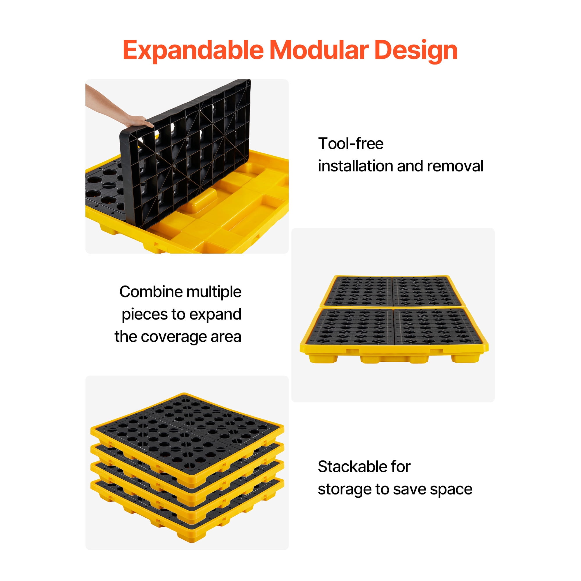 KFFKFF 4-Drum Spill Containment Pallet, Low-Profile Modular Platform, 31-Gallon Sump Capacity, 8818 lbs Load Support, Durable Polyethylene Tray with Drain, 51.4" x 50.4" x 5.9", Yellow