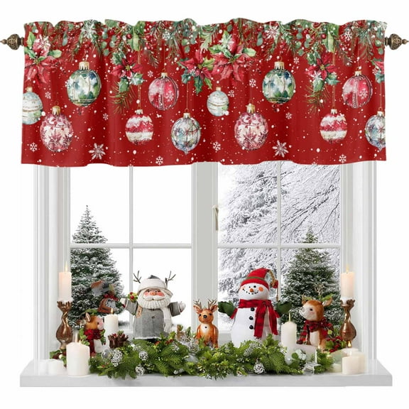 Christmas Balls Red Valance Curtain for Windows Winter Poinsettia Fir Tree Snowflakes Curtain Valances Short Window Treatments Panels for Kitchen Bathroom Laundry Room Basement 42 x 12 Inch