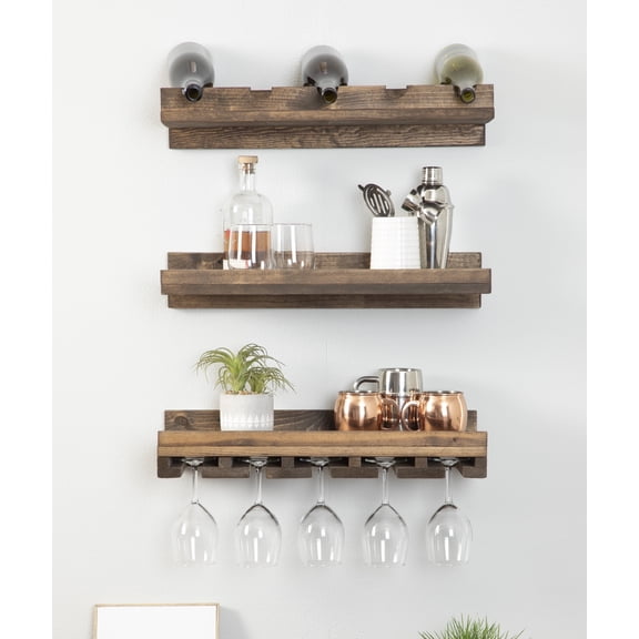 Rustic Luxe Tiered Wall Mount Wine Rack and Stemware Glass Holder Set