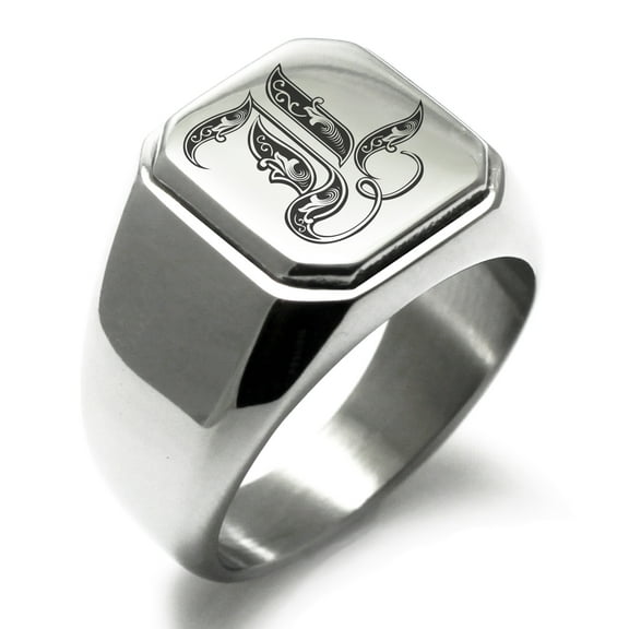 Stainless Steel Letter L Initial Royal Monogram Engraved Engraved Square Flat Top Biker Style Polished Signet Ring