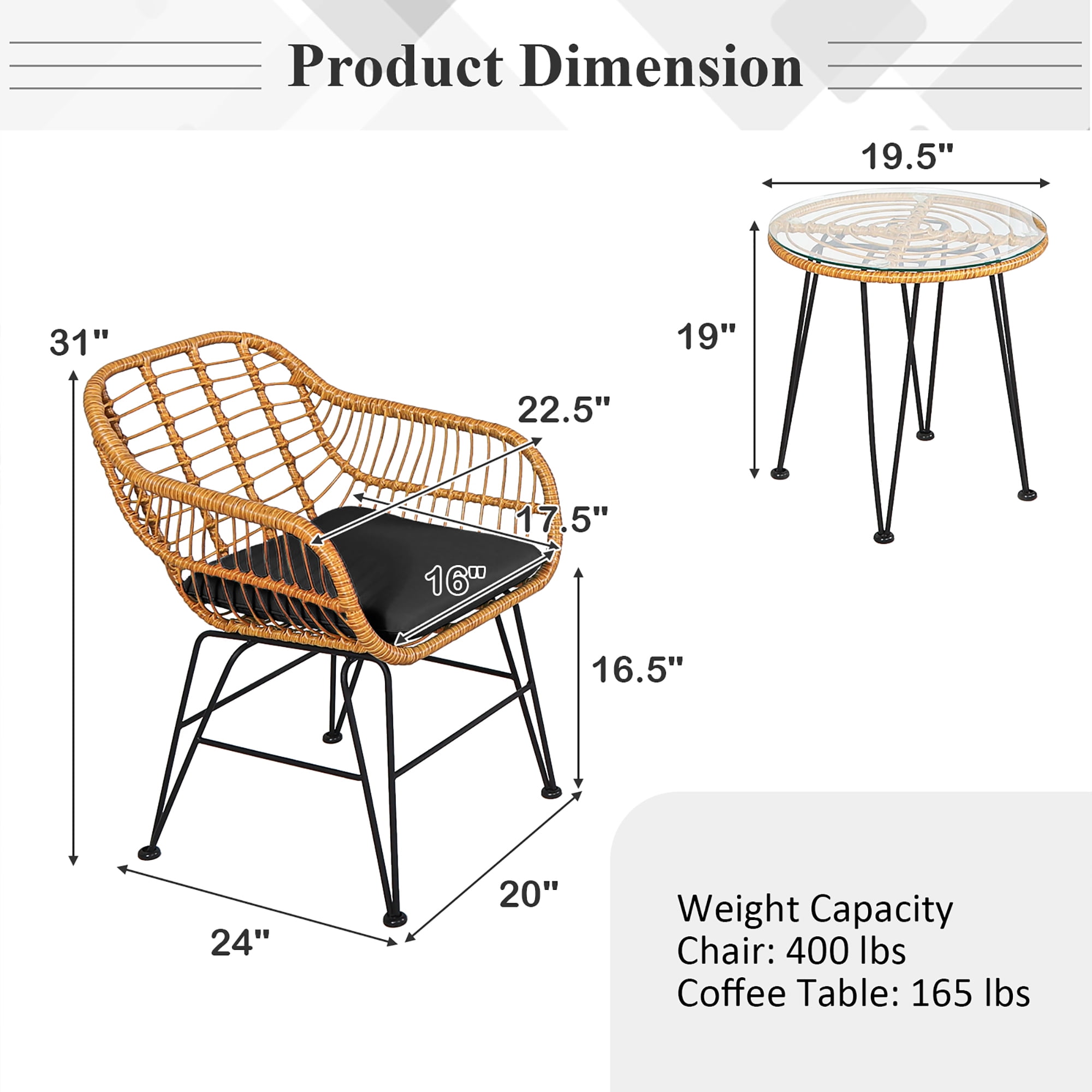 Costway 3PCS Patio Rattan Bistro Furniture Set Cushioned Chair Table Black