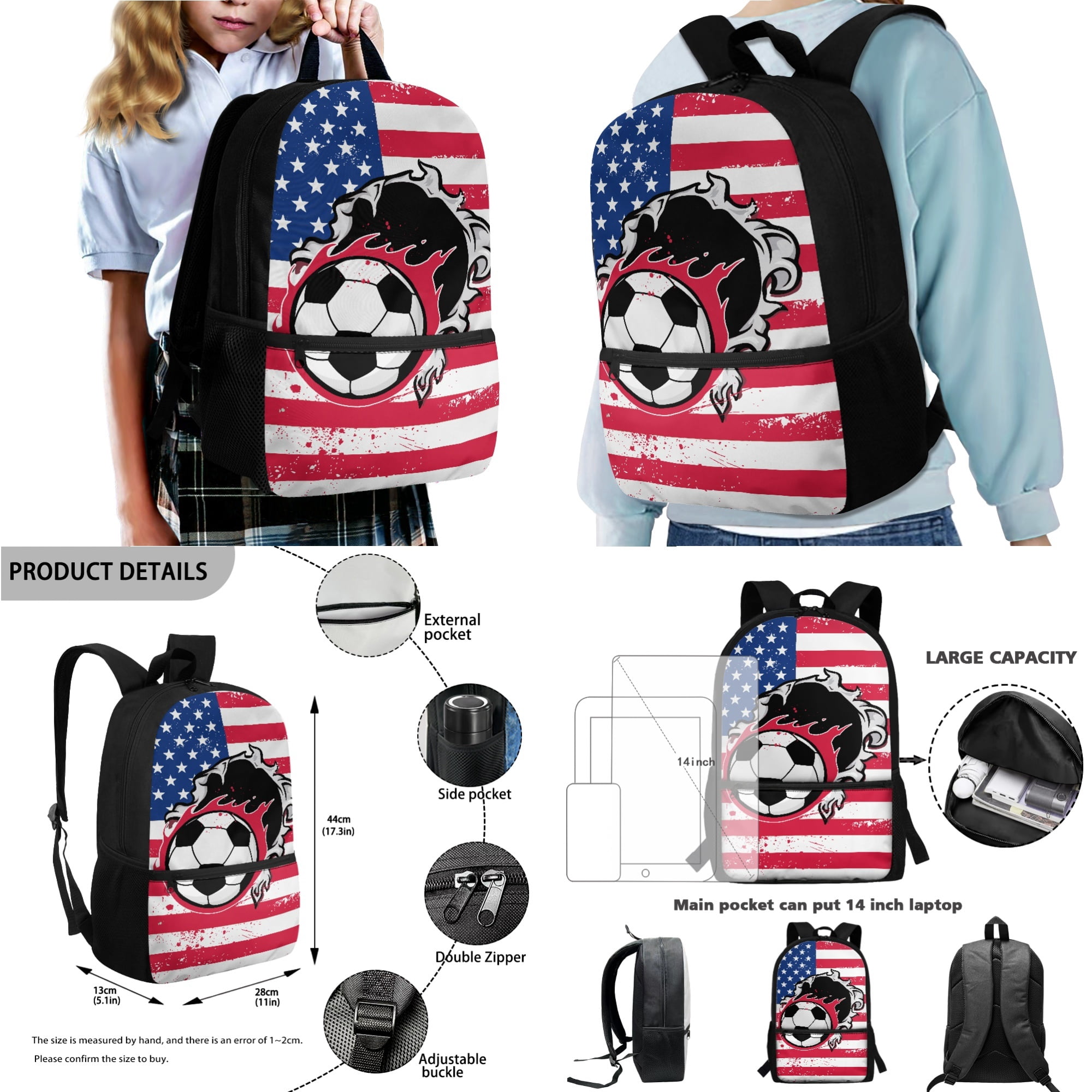 Xixirimido American Flag Soccer Ball Pattern 4Pcs Backpack Set for Students 17 Inch School Bag, Thermal Lunch Tote, Water Bottle Carrier, Pen Case, Lightweight & Large Capacity