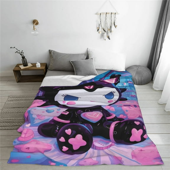 Kuromi Cartoon Printing Throw Blanket, All Seasons Flannel Fleece Blanket, Soft & Warm Plush Blankets for Couch Sofa Bed Camping Travel, 40"x30"
