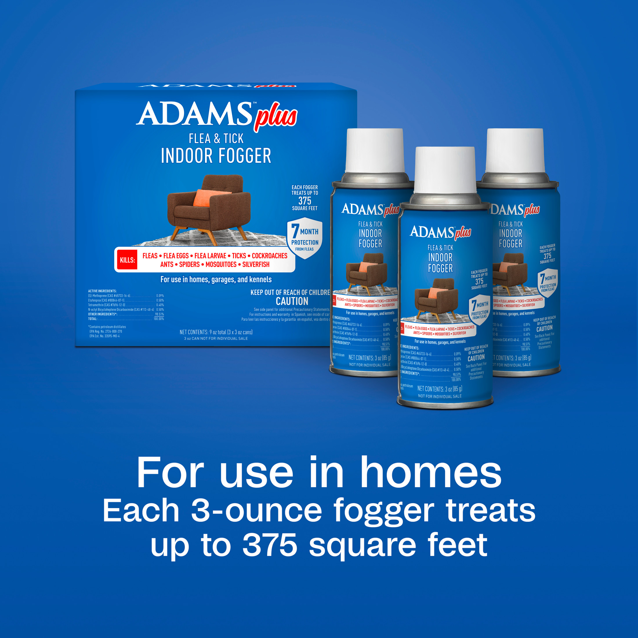 ADAMS Plus Flea & Tick Indoor Fogger, 3 x 3 oz Cans, Kills Fleas, Flea Eggs, Ants, House Flies, Cockroaches, Mosquitoes, and Many Other Pests, Indoor House Treatment, Each Fogger Treats 375 sq ft