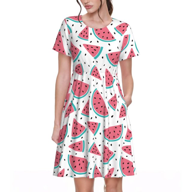 Vsdgher Robes Maxi Midi Décontractées Melon D\'eau pour Femmes Été 2025 Manches Courtes Légères Col Rond Robe de Plage