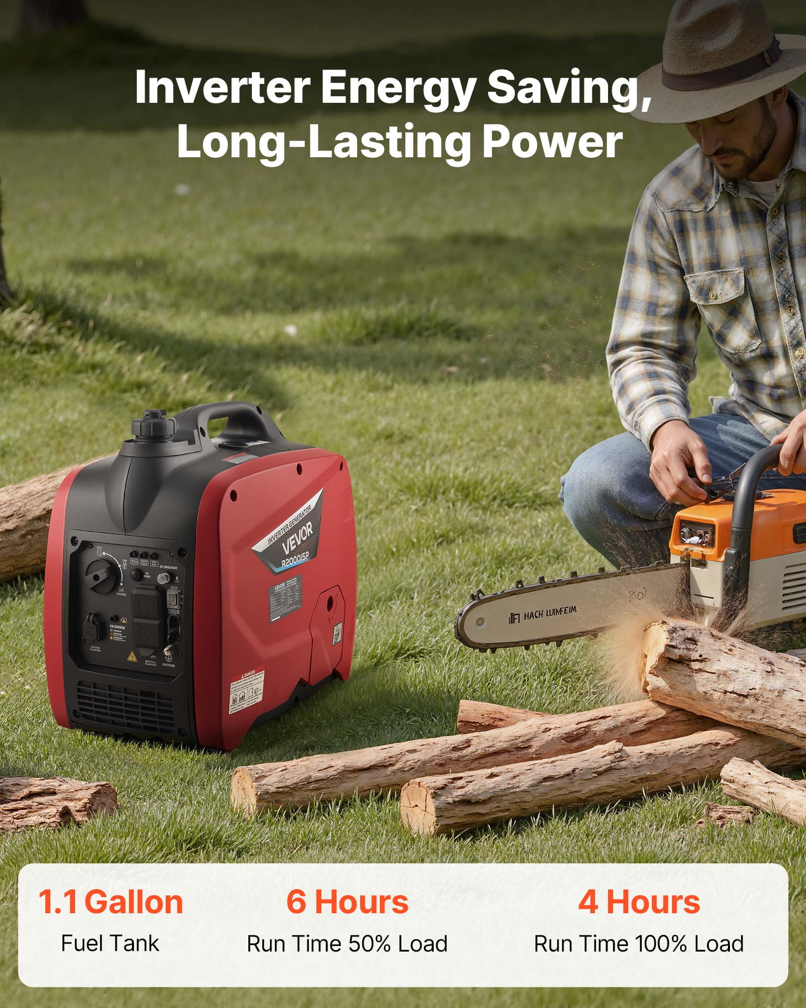 VEVOR Inverter Generator, 2900W Peak Watt Quiet Inverter Generator, Portable Inverters Generators for Home Use, Gas Powered, Compact and Lightweight Design - Stable Power, CO Sensor, Orange/Black