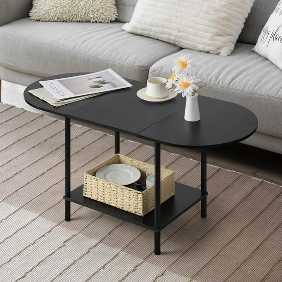 Coffee Tables for Living Room,2-Tier Small Oval Center Table Industrial Modern Style Coffee Tables with Storage Shelf and Wood Tabletop for Small Space,Home Office