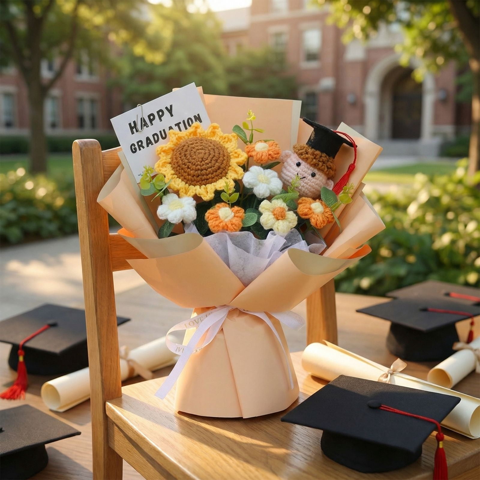 Knitted Sunflower Puff Bouquet for Graduation Season - Handmade Woolen Flower Arrangement with Graduation Card & Doctor Hat Decor, Pink - Ideal Gift for Classmates, Friends, Adults on Graduation, Com