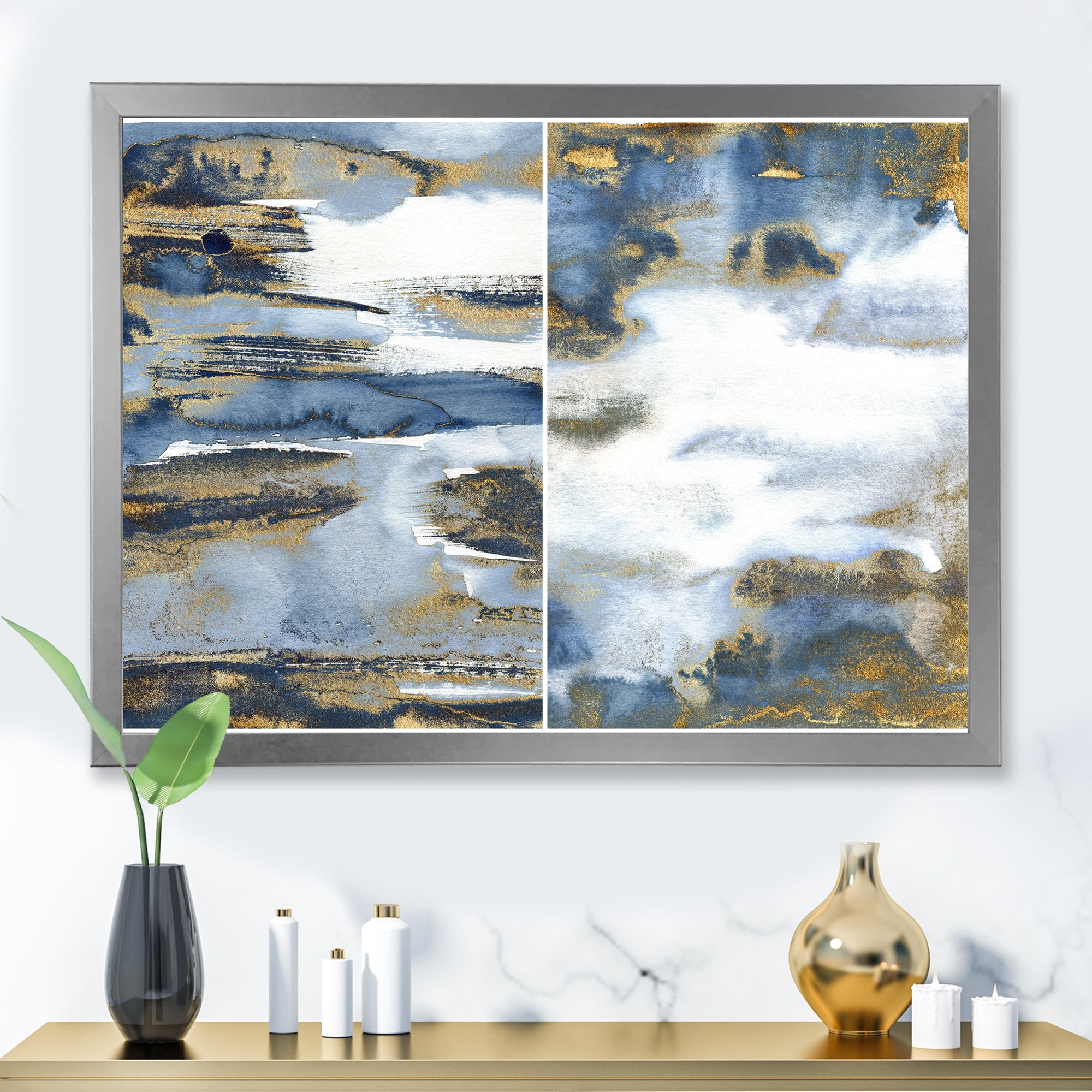 Designart 'Gold and Dark Blue Abstract Waves III' Modern Framed Art Print
