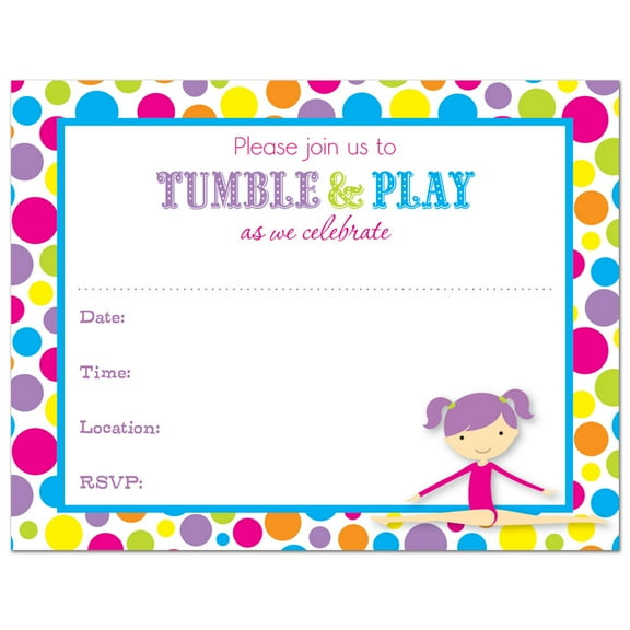 Gymnastics Girl Fill-in Birthday Invitations and Envelopes- 24  count