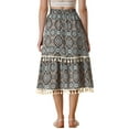 thumbnail image 3 of INSPIRE CHIC Women's Vintage Printed Elastic Waist Tiered Tassel Fringe Skirt XL Dark Blue, 3 of 5