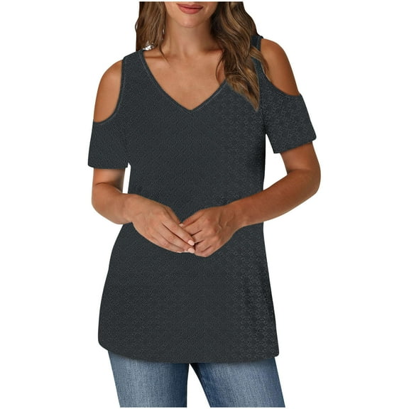 RYRJJ Womens Tops Trendy Cold Shoulder Short Sleeve V Neck Tee Shirts Summer Dressy Casual Eyelet Blouse(Black,S)