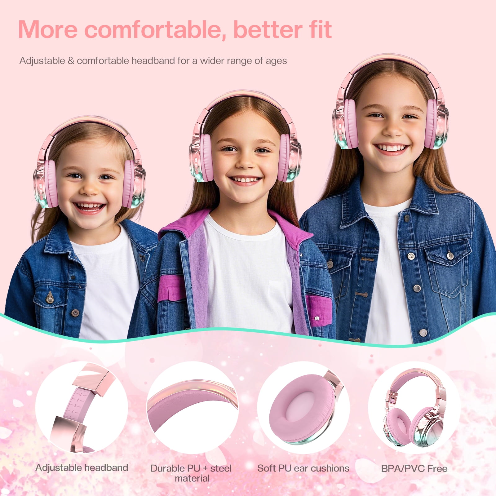 QearFun Bluetooth Headphones for Kids, Wireless Headphones with Built-in Mic, Includes Aux Cord, USB C, 3.5mm Jack, Bluetooth 5.3, On Ear Kids Headphones for School/Travel/Tablet(Pink)