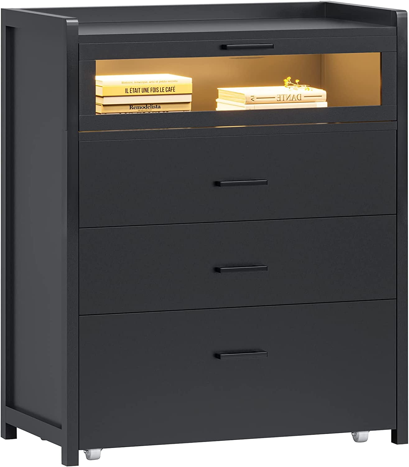 AOGLLATI 4 Drawer Dresser with LED Lights, Closet Wood Tall Dresser for