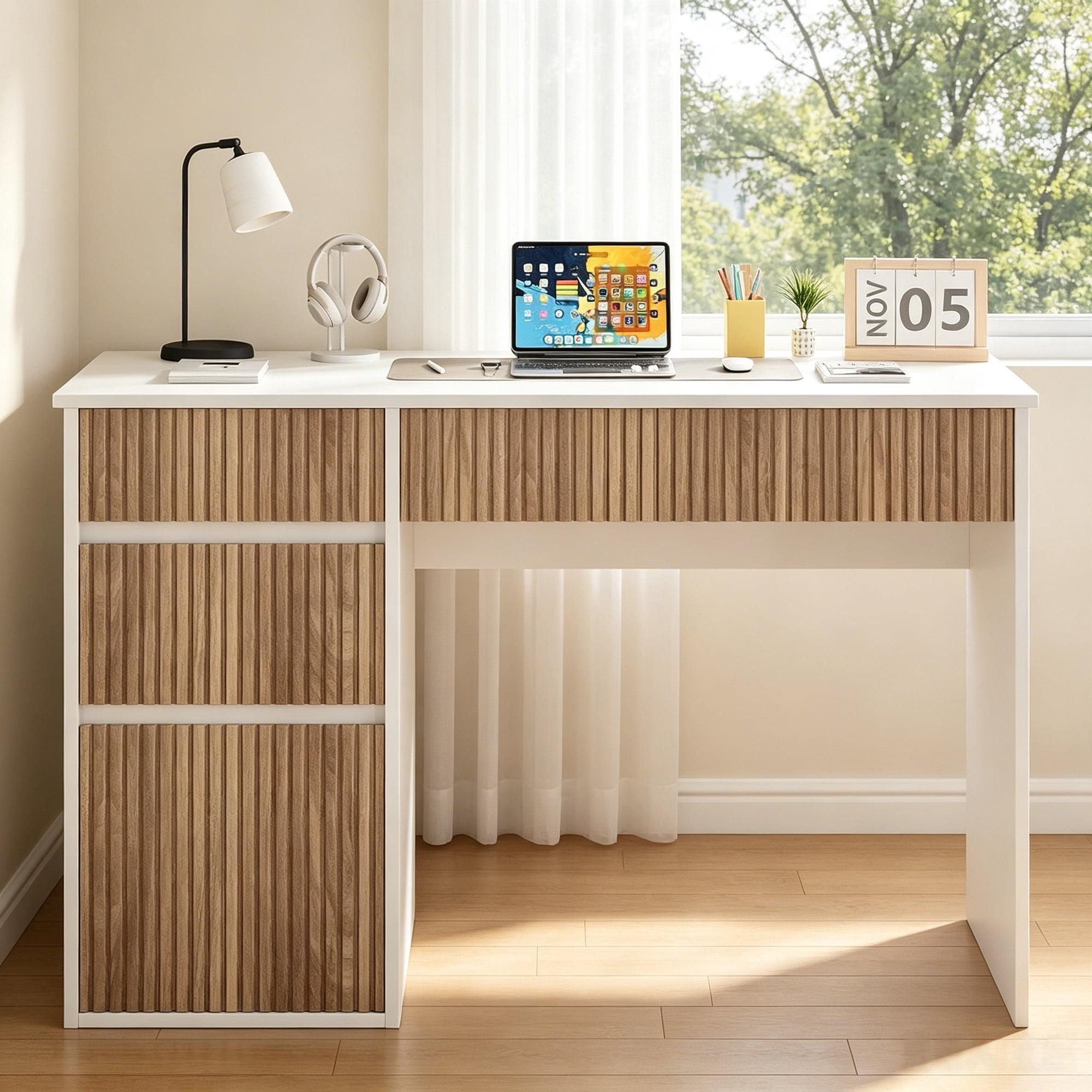 4 Ever Winner 48" White Computer Desk with Drawers, Writing Desk with Storage Cabinet & Shelves, Hidden Handle Office Desk for Small Space, Walnut and White