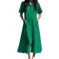 thumbnail image 1 of Vestido camisero largo con bolsillos y manga corta liso para mujer, poliéster spandex, estilo informal similar al lino, tallas S-XXXXXL, 1 of 5