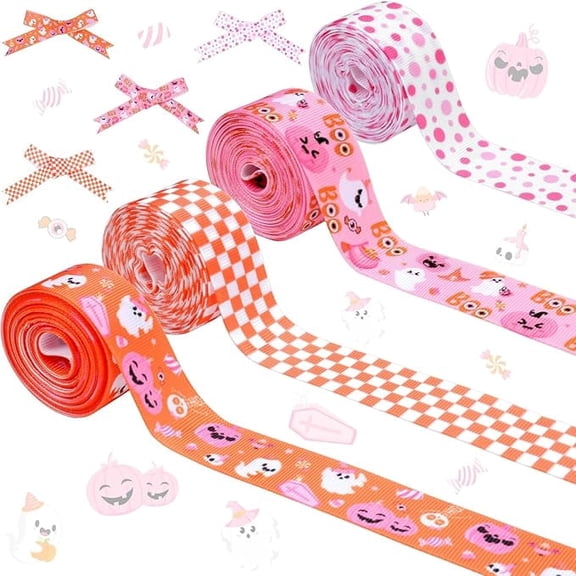 Halloween Party Grosgrain Ribbon Orange Pink for Gifts Wrapping 4 Rolls 20 Yards Fabric Ribbon for Spooky Birthday Baby Shower Boo Day Supply for Girl Women DIY Craft Wreath Bow Home Decor